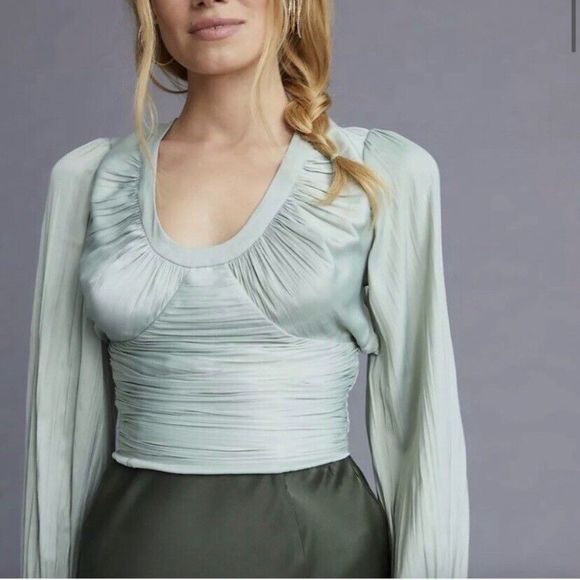 Anthropologie Open Back Corset Style Blouson Sleeve Blouse XXS Silky Ruched Mint - Picture 2 of 12